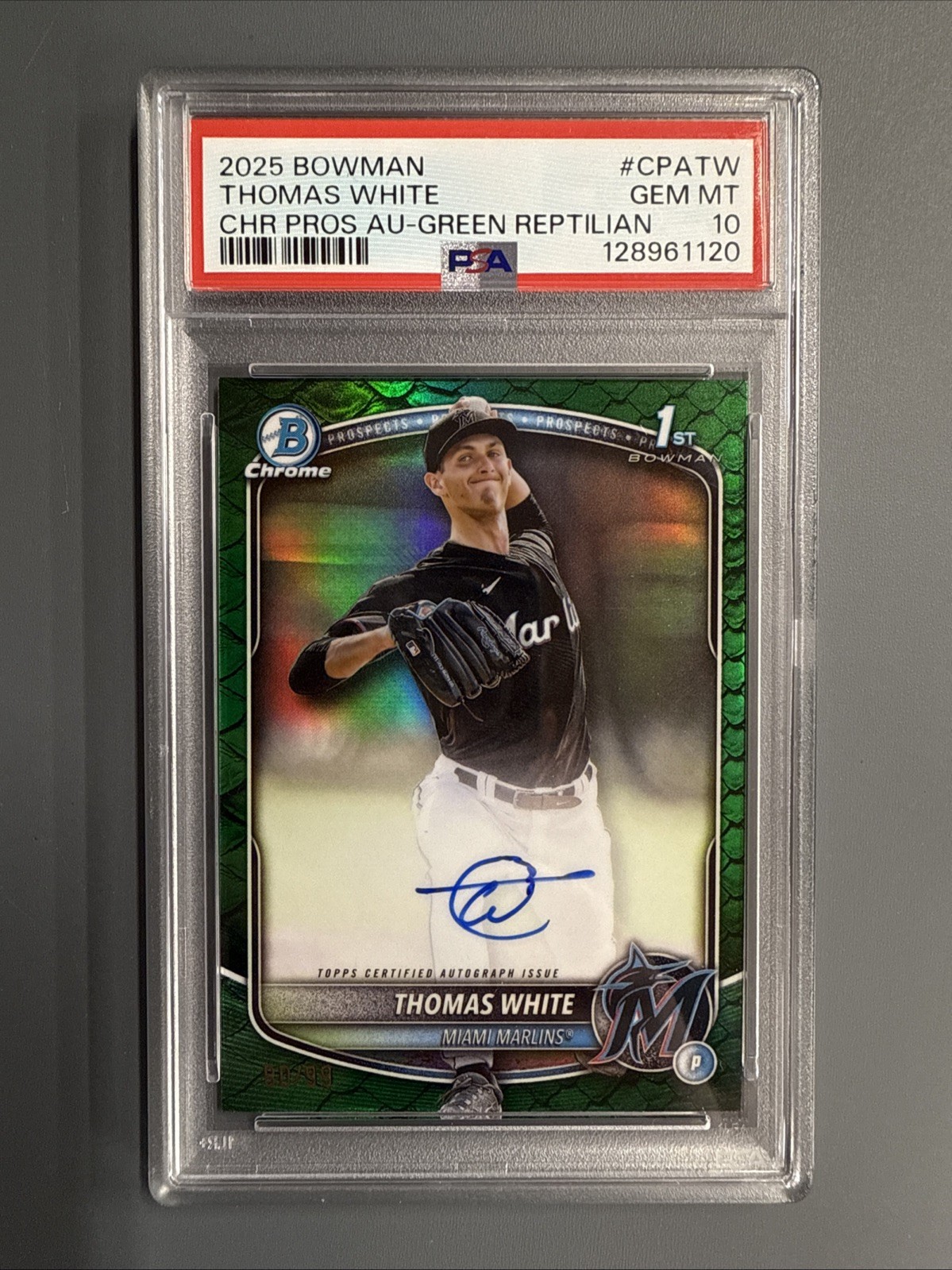 2025 Bowman Chrome Prospect Auto Thomas White #CPA-TW Green Reptilian /99 PSA10