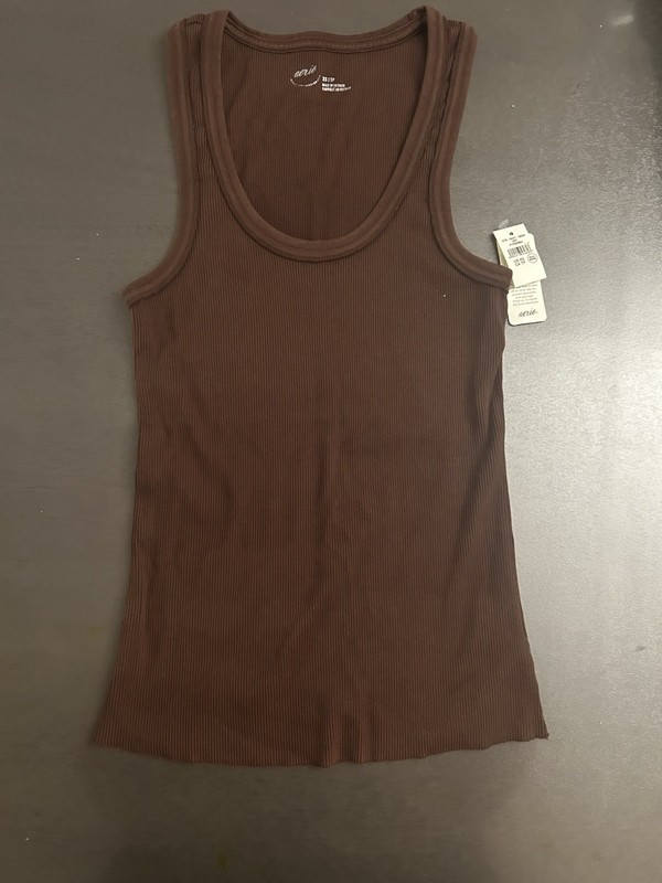 Aerie Brown Ribbed Knit Cotton Scoop Neck Wide Strap Stretch Tank Top XS