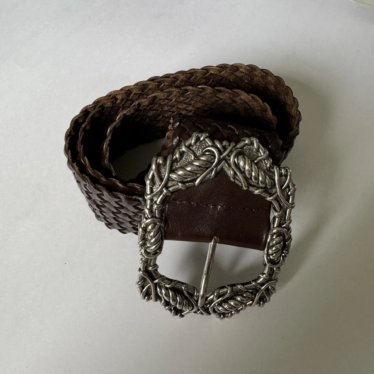 Women’s Braided Leather Statement Belt Chunky Teardrop Silver-Toned Metal Buckle Women main image 2