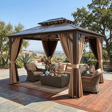 10  x 12 ft Hardtop Gazebo with Nettings and Curtains, Steel Double Roof Gazebo