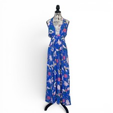 Forever 21 Cover up Dress Womens M Blue Floral Halter Neck Open Back Boho Slit