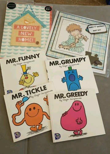 BOY'S 1ST BIRTHDAY CARD & M&S NEW HOME (REMOVABLE KEEPSAKE) + 4 MR MEN BOOKS-NEW