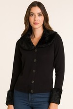 Ball Of Cotton Cardigan Sweater Womens Size L Black Solid Faux Fur Trim Buttons
