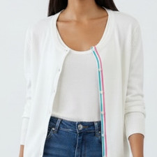 Tommy Hilfiger Women's White Button-Front Long Sleeve Cardigan with Striped Trim