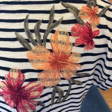 Women s Top Cream With Navy Stripes Flower Em...