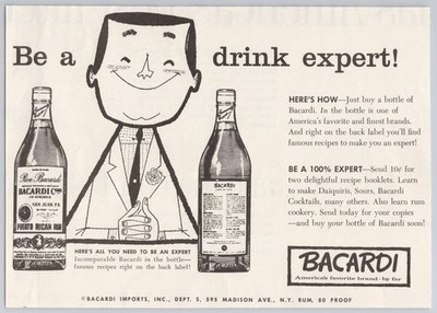 1958 Bacardi Rum Vintage Print Ad MCM Barware Decor Retro Cocktail Cartoon Art