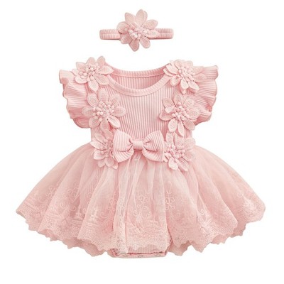 Newborn Baby Girl Romper Dress Short Sleeve Mesh Tutu Dress Baby Girls Lace M...