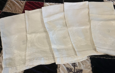 5 Antique Show, Hand Towel Damask, Huck Linen, 2 Pairs Match, Monogram ''C''