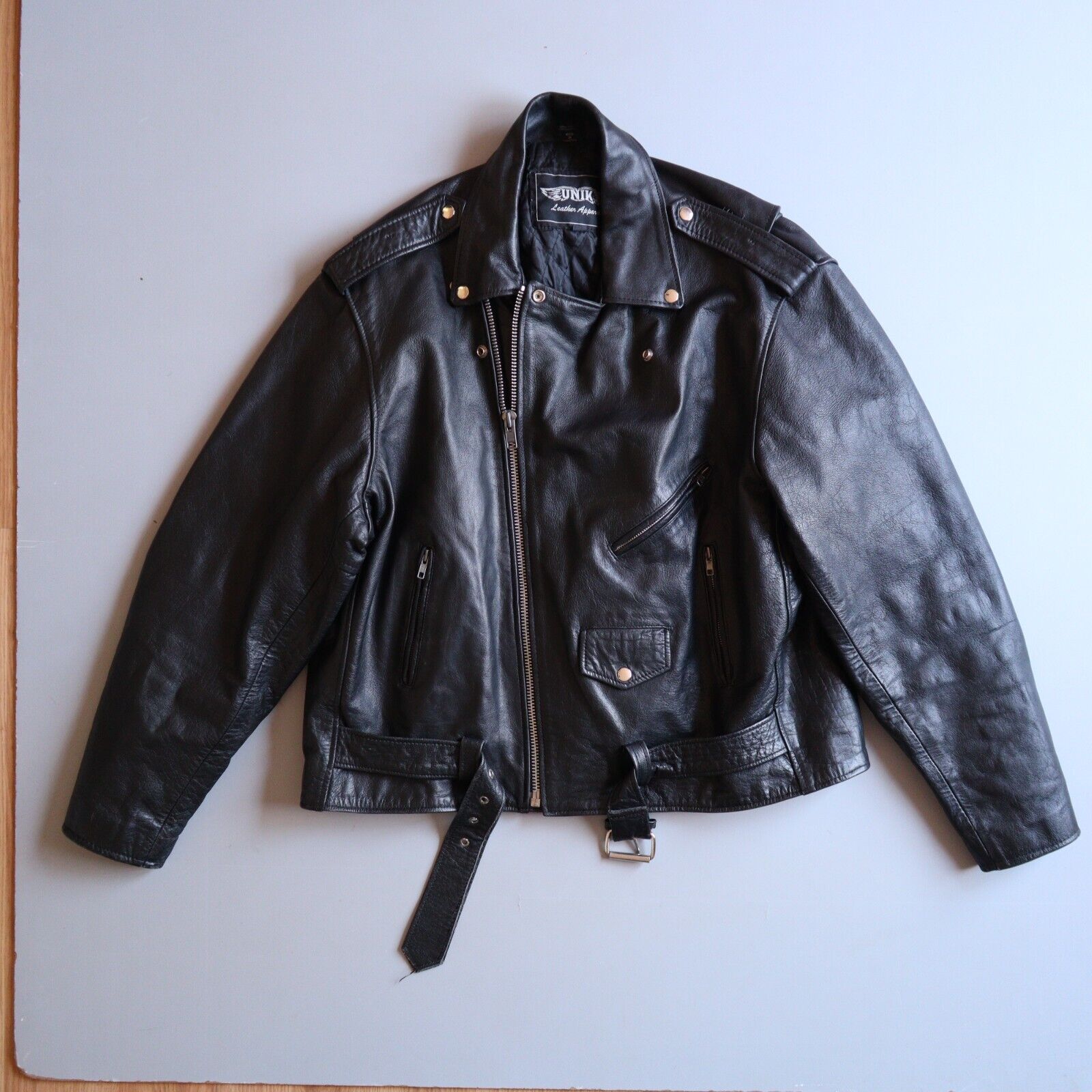 Vtg Leather Biker Motorcycle Jacket Mens 52 Black… - image 1
