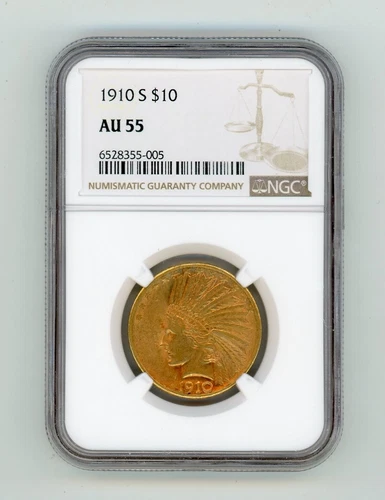 1910-S GOLD INDIAN HEAD EAGLE 10$ AU 55 NGC