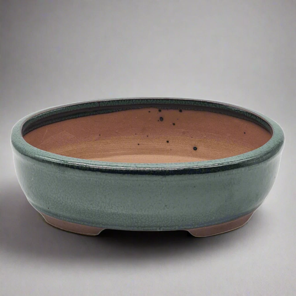 YORKSHIRE BONSAI 18cm Glazed Bonsai Pot | Oval | 18cm x 15cm x 5cm | Green