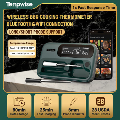 BBQ Wireless Cooking Meat Thermometer Oven 5G WiFi Long/Short Probe 25H Charging