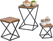 Brown Wood and Black Metal Pizza Riser Display Rack, Cupcake Risers, 3 Piece Set