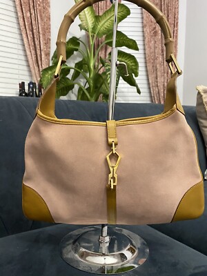 GUCCI LIGHT PINK/TAN SUEDE LEATHER JACKIE BAMBOO SHOULDER BAG | eBay