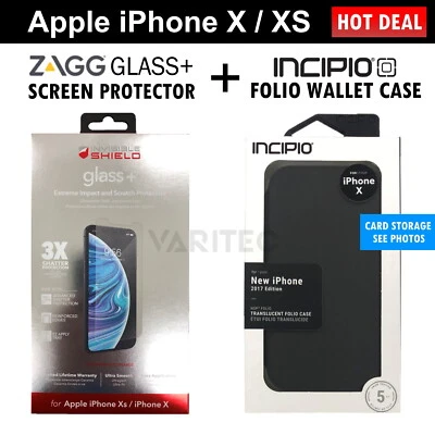 ZAGG IPhone X XS Glass Screen Protector + Incipio Clear Folio Wallet Cover Case - Image 1 of 4