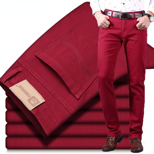 Classic Style Men Wine Red Jeans Business Straight Denim Stretch Trousers  Pants
