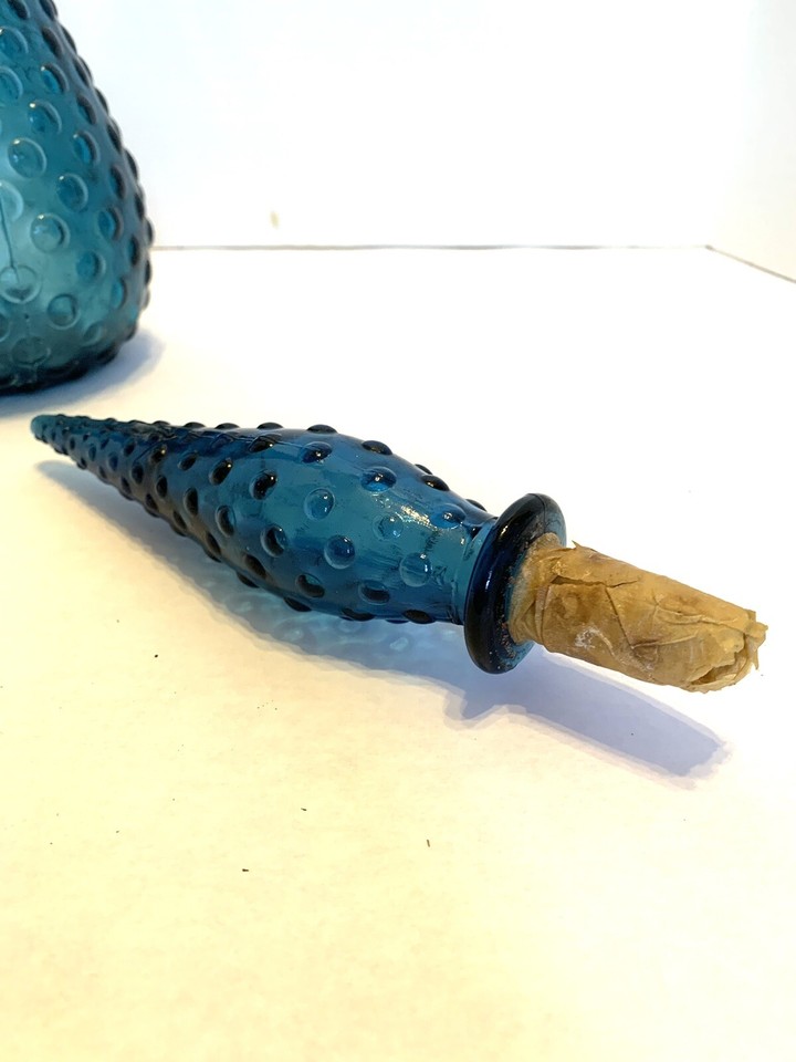 Empoli Italian Vintage MCM Teal Peacock Hobnail Glass Decanter Genie