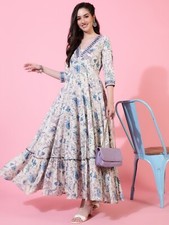 Indian Women Floral Printed Cotton Flared Kurta Kurti Long Dress Tunic Style