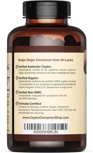 100% Certified Organic Ceylon Cinnamon, 180 Capsules - 3 Supply - Picture 4 of 8