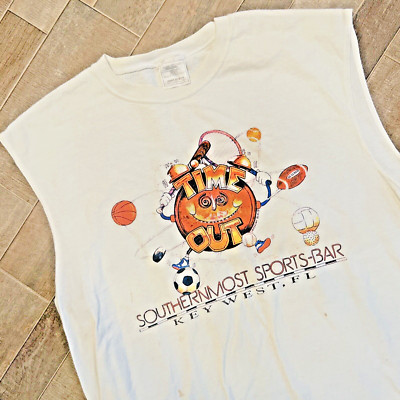 VTG T-Shirt Men's L White Key West Timeout Sports Bar 90s USA Made Muscle