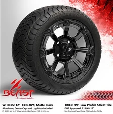 4x GOLF CART 12" BLACK 'CYCLOPS' WHEELS and 215/40-12 DOT LOW PROFILE TIRES