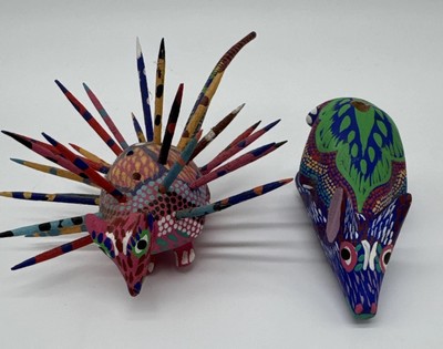 2 Mini Alebrije Figurines, Oaxaca Mexico, Porcupine & Armadillo