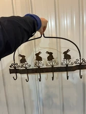 GREAT 18-19TH C EASTER BUNNY DECORATED WROUGHT IRON UTENSIL RACK