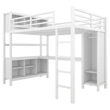 Full Size Metal Loft Bed with Wardrobe & L-shaped Desk & Storage Cubes & Shelves