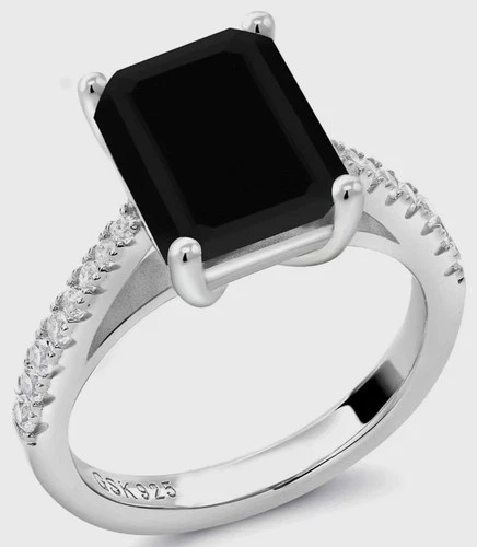 Gem Stone King 925 Sterling Silver Natural Black Onyx Emerald Cut Ring Size 5.5 - product listing photo