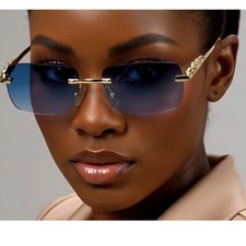 Rimless Rectangle Sunglasses Gold Leopard Frame Blue Tint Lens Fashion Lentes