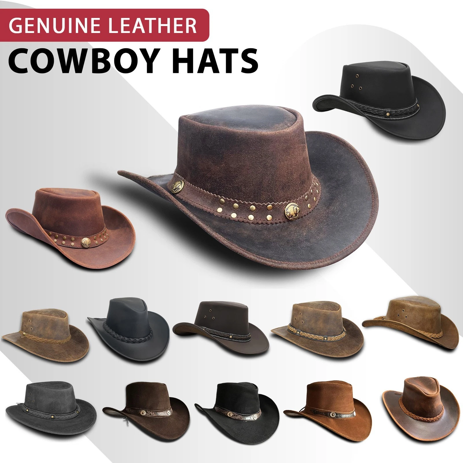 Cowboy Hat Real Leather Men Australian Western Cowboy Tan Outdoor Sun Hat Unisex