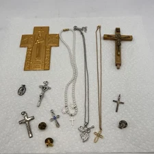 Religious Spiritual Items Lot Necklaces Cross Pendants Pins Christian Vintage