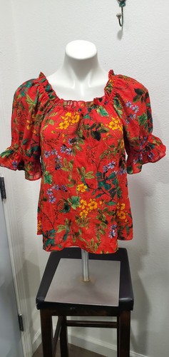 Chenault Red Floral Women Blouse Top Shirt Size S Short Puff Sleeve