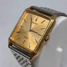 Seiko Spirit Watch Men 25mm Gold Dial Gold Tone Rectangle 7N01-5180 New Battery