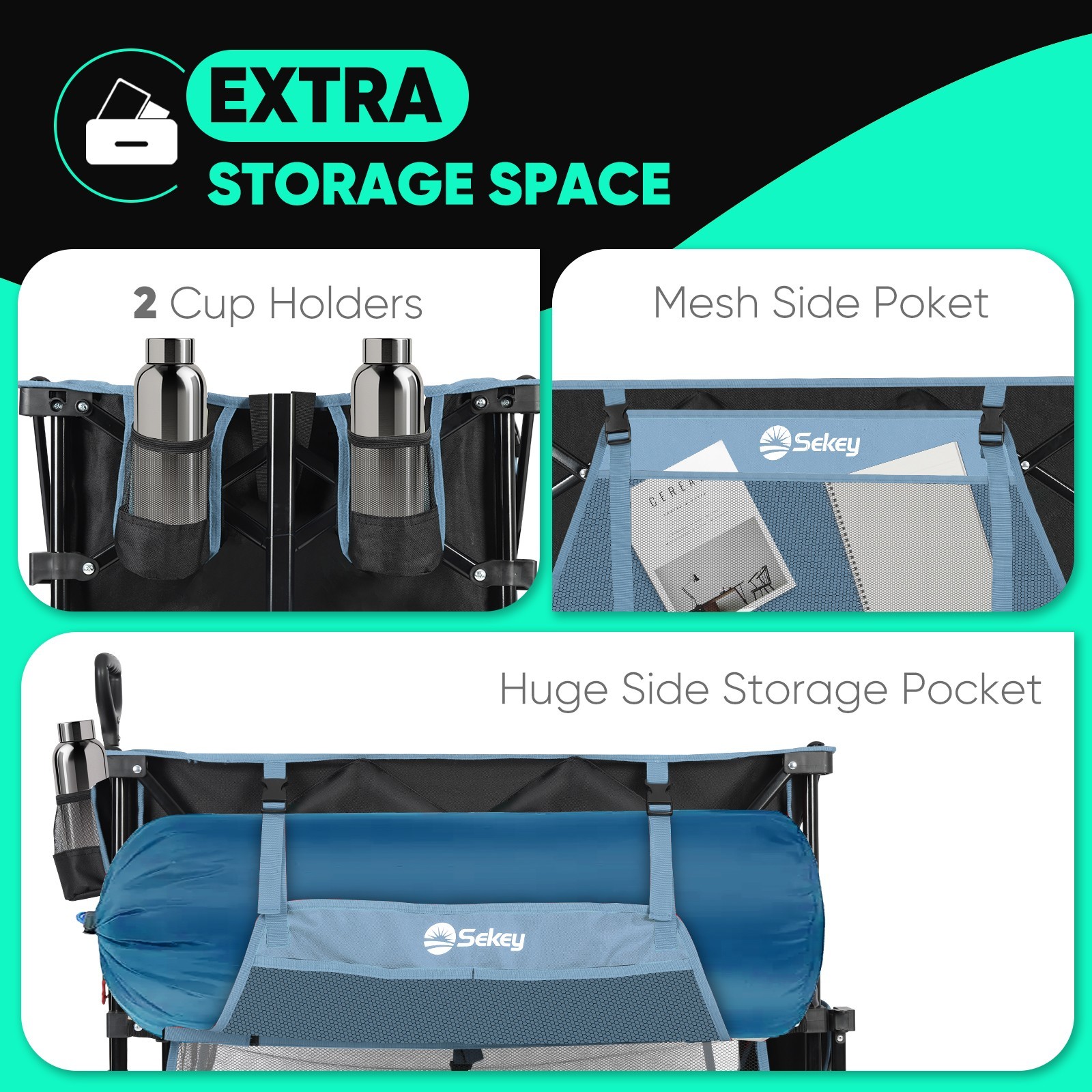 400L Double Decker Folding Wagon, 500lbs Heavy Duty with Brakes, Blue