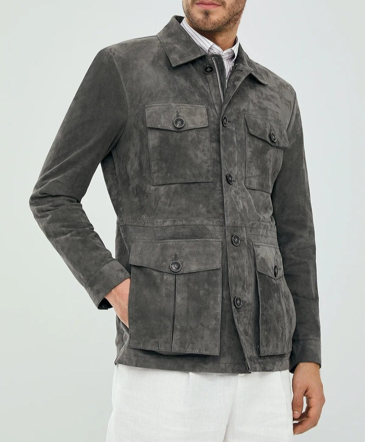 Chaqueta de cuero de campo gris para hombre gamuza pura hecha a medida talla ...