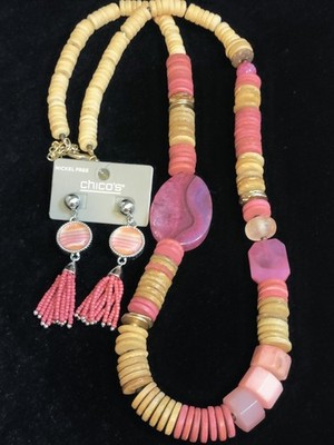 Chico's Gorgeous Wood And Stone Necklace With Earrings