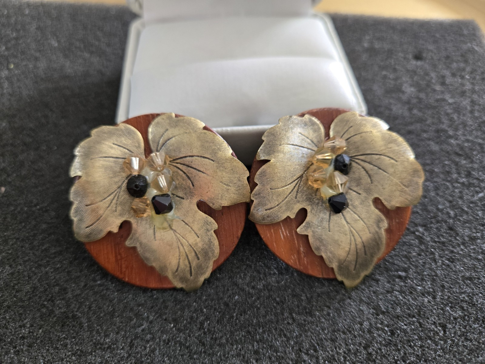 Vintage Earrings - Round Wooden Backs with Raised Brass Leaf -Leaves Design