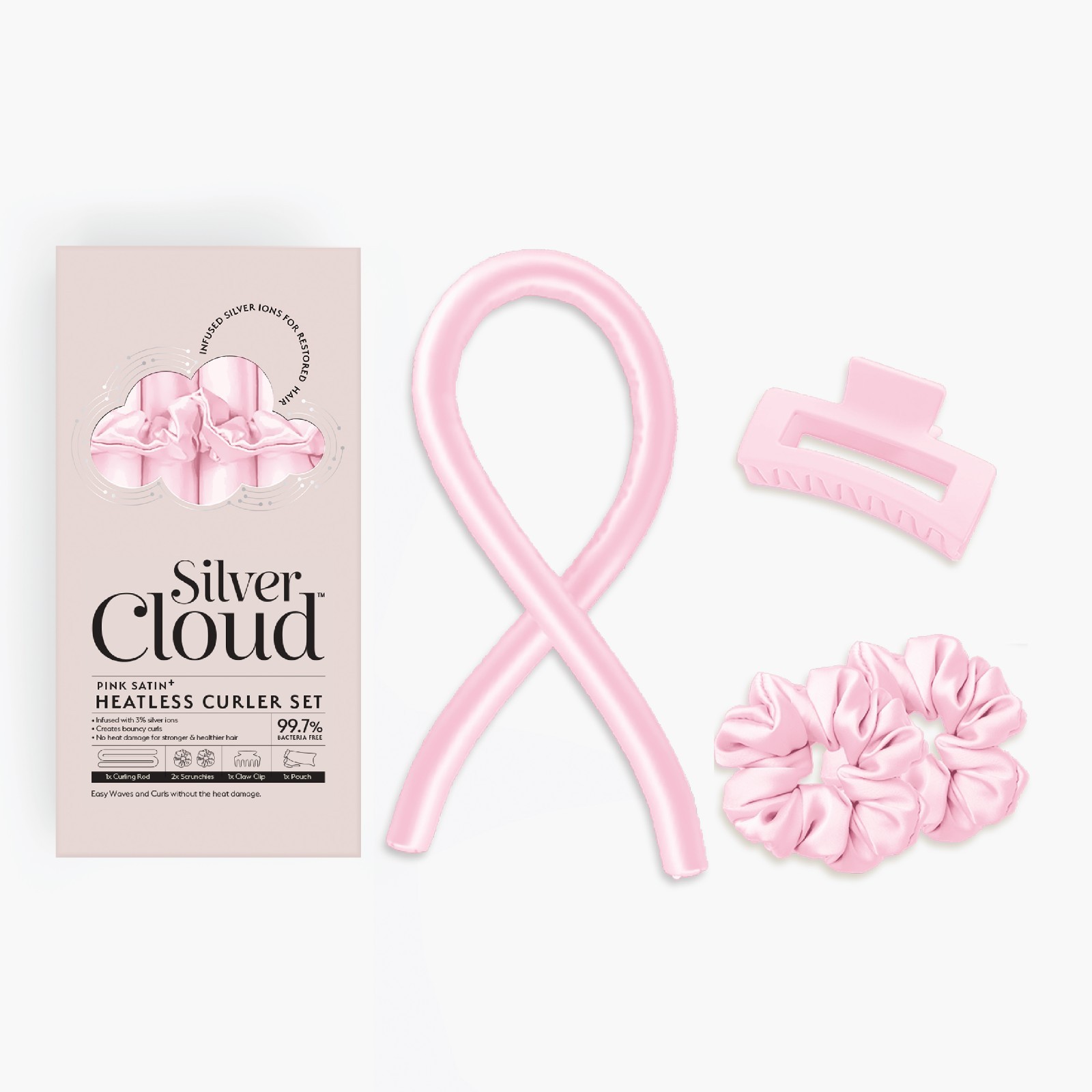 Silver Cloud Silver Ion Infused Satin Pink Heatless Curler Set