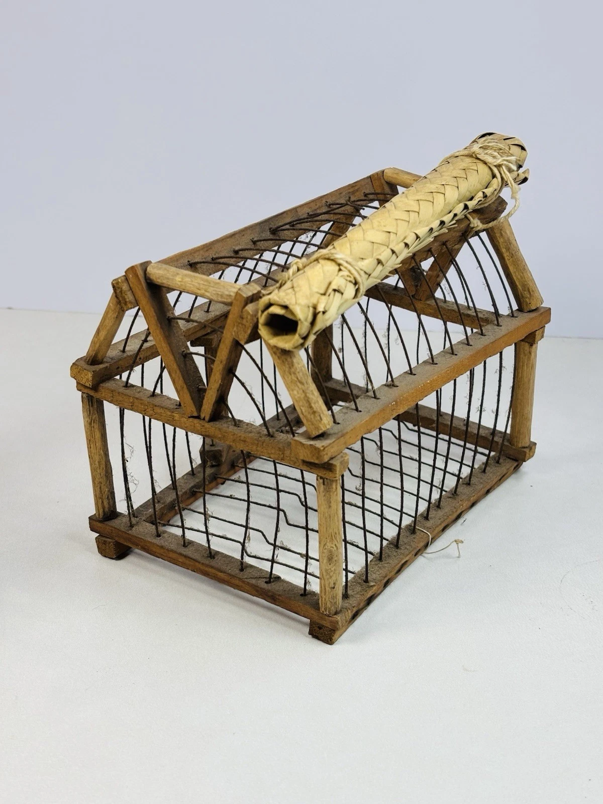 Antique Handmade Wood Bird Cage W/ Woven Handle Barn Shaped