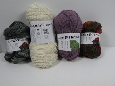 Loops & Threads Yarn Lot 4 Skeins Facets Storm & Autumn, Off White, Lavender