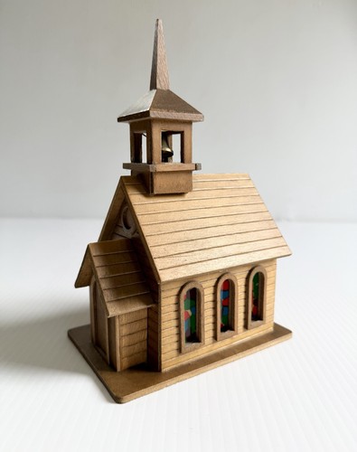 Vintage Wood Church Music Box, Amazing Grace, Faux Stained Glass, Good Co.
