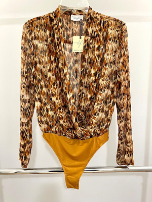 Dress Forum Draped Deep V Body Suit Blouse Thong w/Gold Metallic Threads NWT