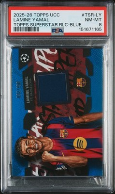 TOPPS UEFA CLUB COMPETITIONS TOPPS SUPERSTAR RELICS LAMINE YAMAL 92/150 PSA 8
