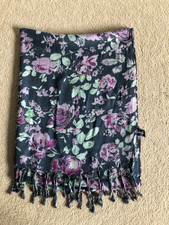 Peony viscose fringed floral scarf on dark green background, 70 in x 28 in