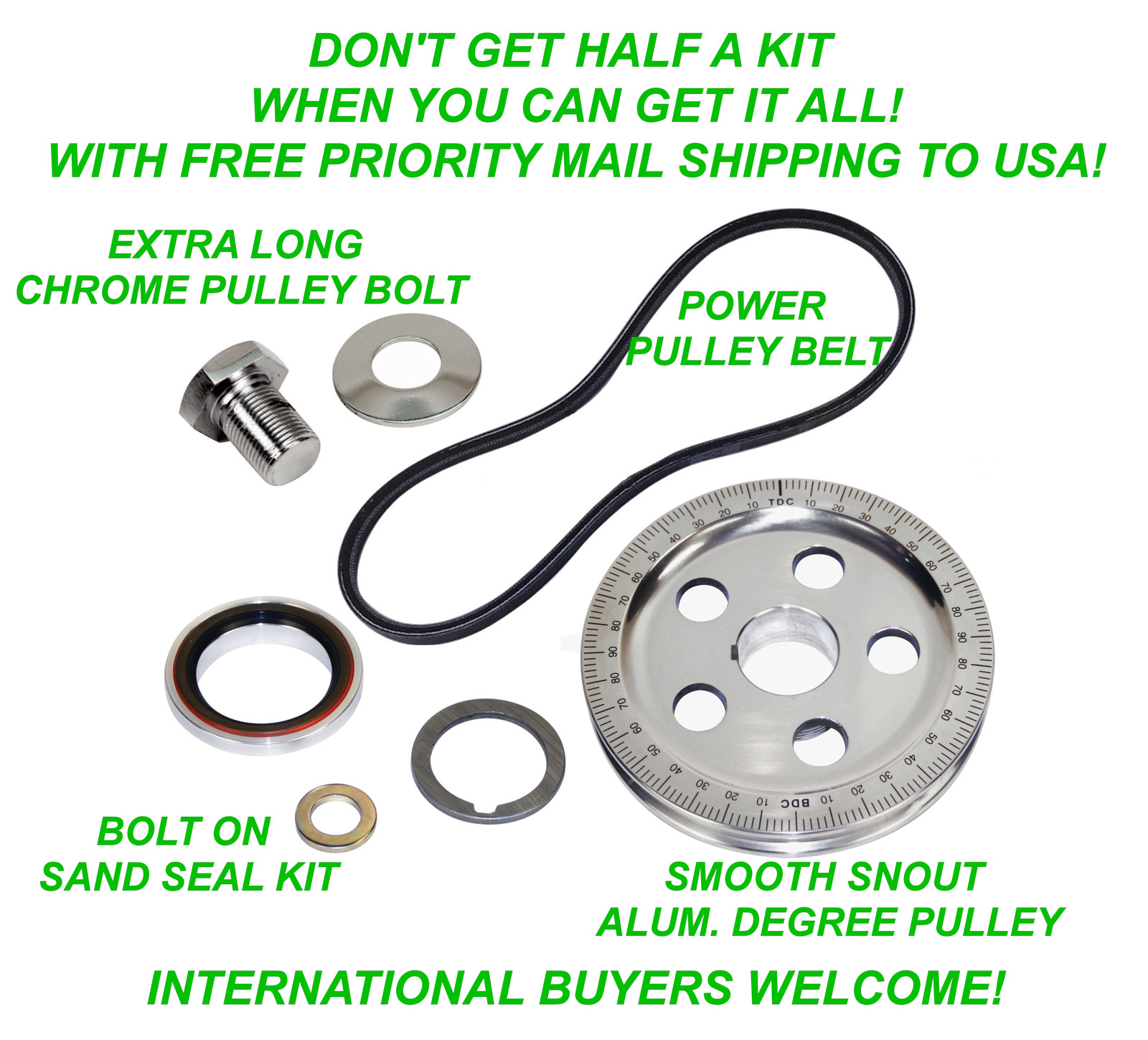 VW 7 PC BOLT ON SAND SEAL PULLEY KIT 5 HOLE DEGREE PULLEY BAJA BEETLE
