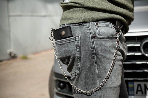 Personalized Minimalist Leather Biker Wallet Chain Black Custom Trucker Bifold - Picture 5 of 21