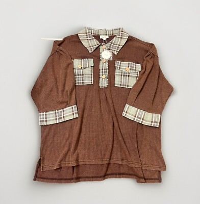 Oddy Size 3XL NWT Women s Brown Top | New Plaid Shirt w/ Collar & Pockets