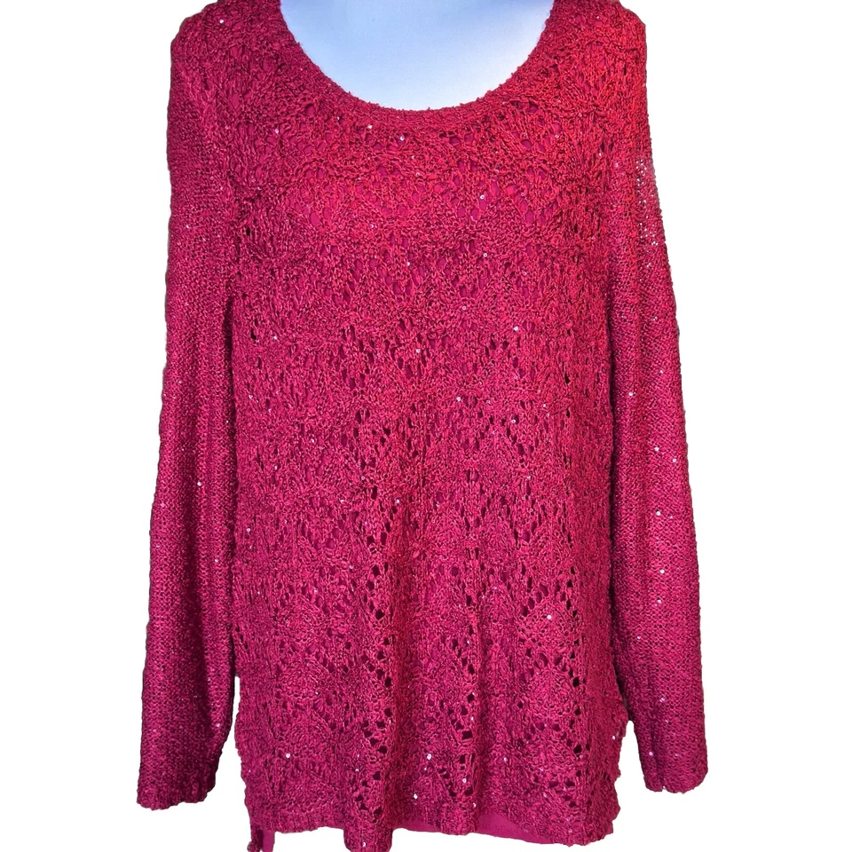 Túnica feminina Cato vermelha forrada lantejoulas malha aberta tamanho 1X - Imagem 3 de 4