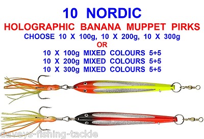 10 NORDISCHE HOLOGRAFISCHE BANANEN-MUPPET PIRKS MEERESANGELN AUF FLUT BOOTSRUTE DORSCH KÖDER